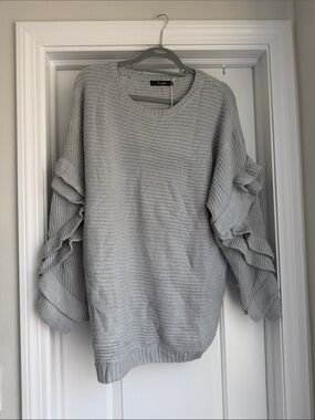 Simplee Apparel Light Gray Ruffle Sleeve Crewneck Sweater